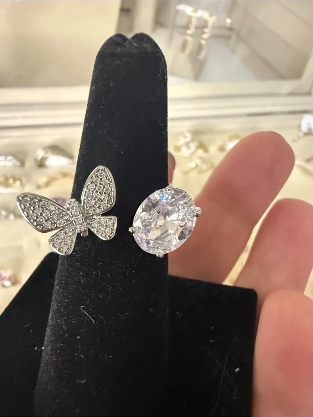 Silver Butterfly Pavé Ring with Oval Clear Crystal - White